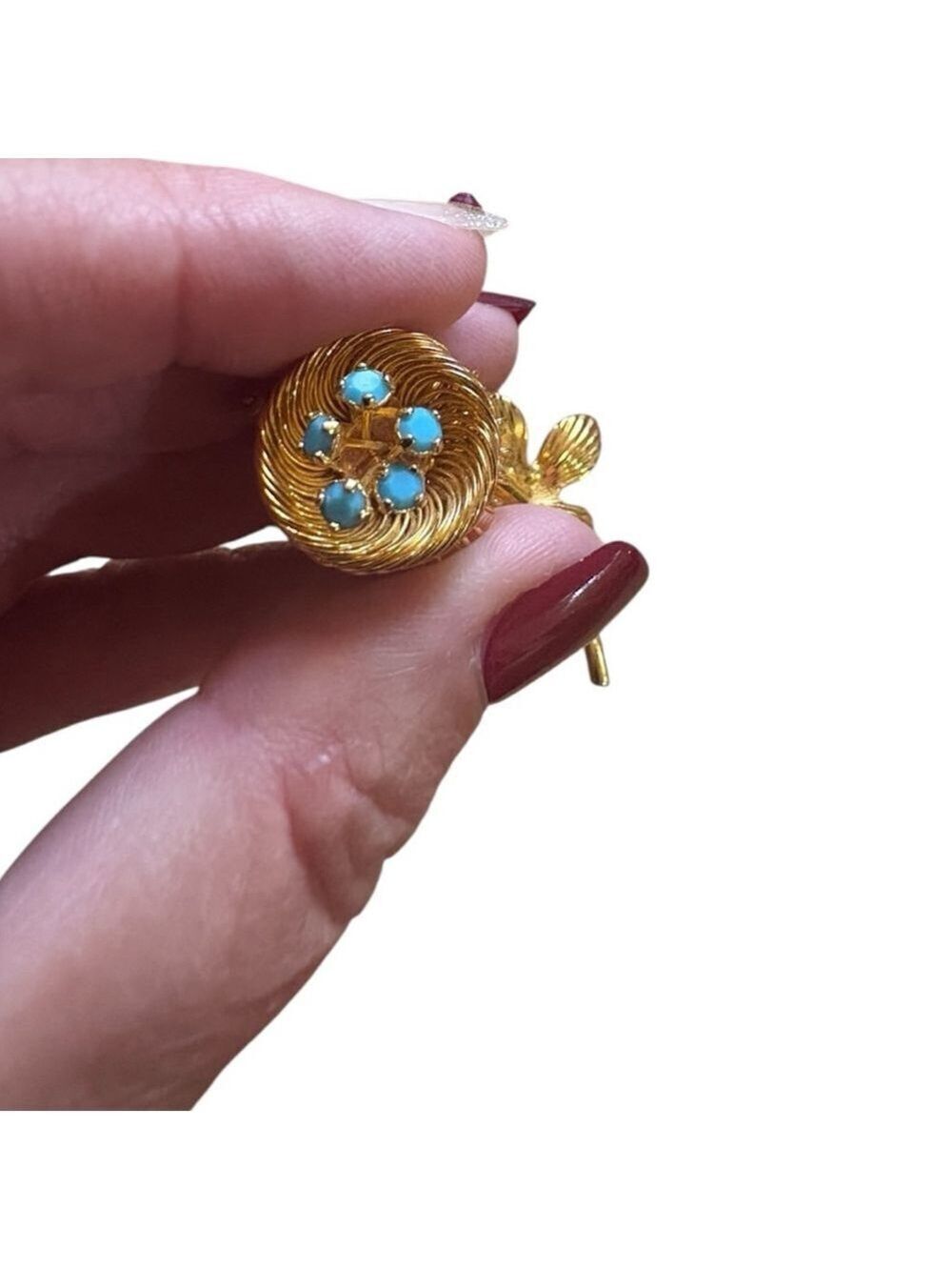Flower Brooch with Turquoise Accents, One Size Gold-tone